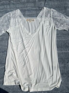 White Lace Sleeve V-Neck Top - Soft Knit